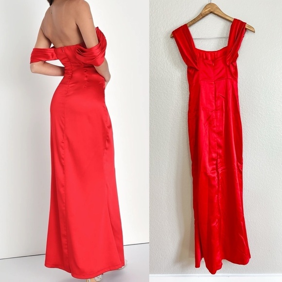 NWOT Exquisite Stunner Red Satin Off-The-Shoulder Bustier Maxi Dress - Picture 3 of 8